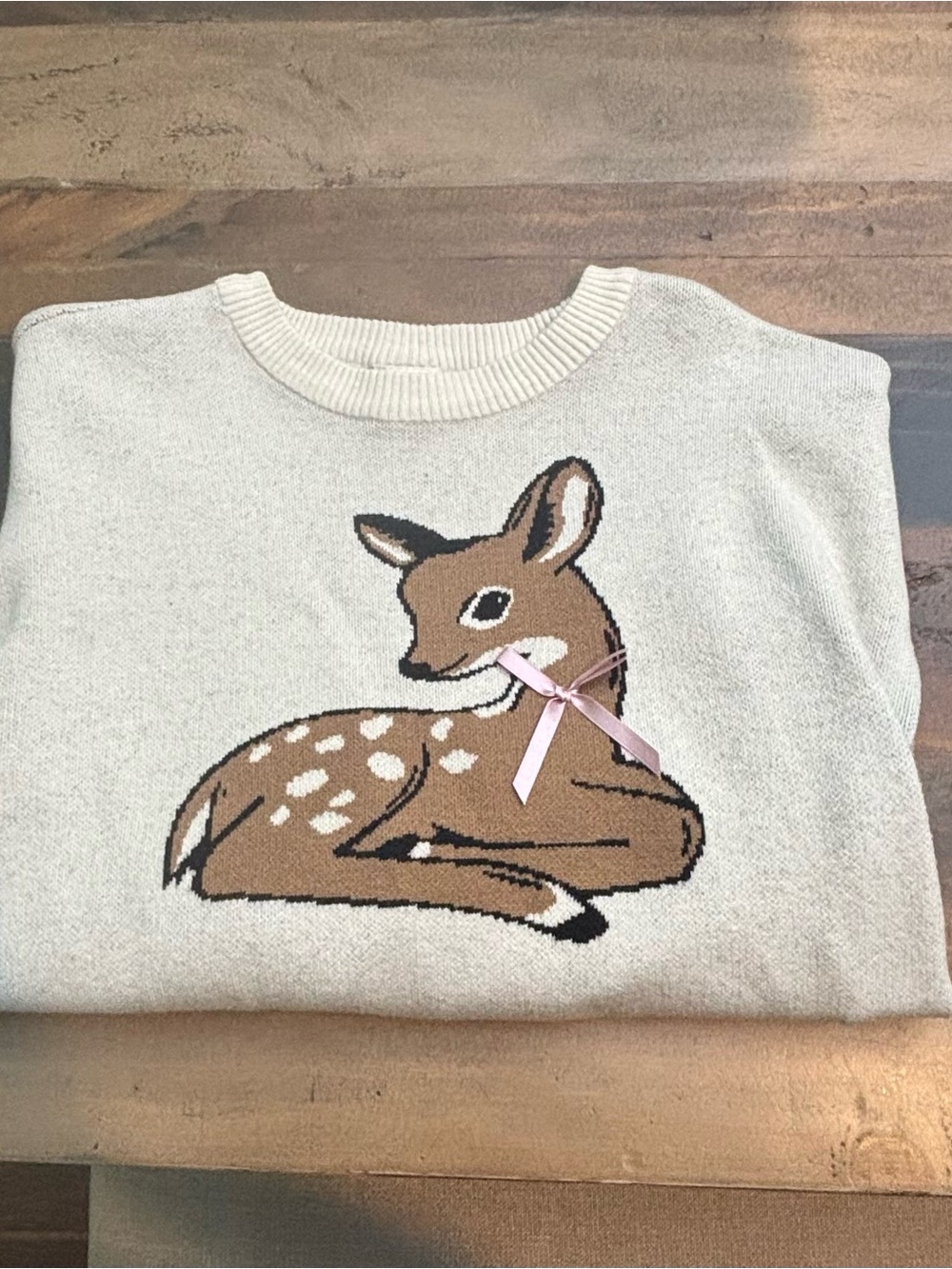 Clean Girl T.J.Maxx Cream Crewneck Sweater with Brown Deer and Pink Bow